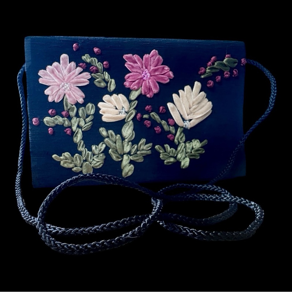 La Regale Vintage Embroidered Raw Black 8” x 5” Satin Clutch or Shoulder Bag